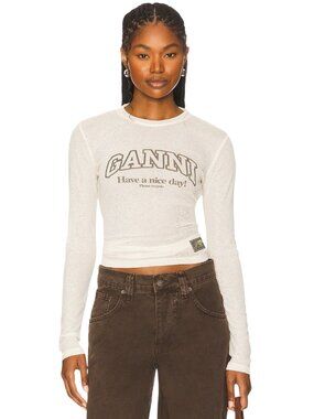 Ganni Printed Marl Mesh Long Sleeve Top in Egret 38 Womens Tshirt